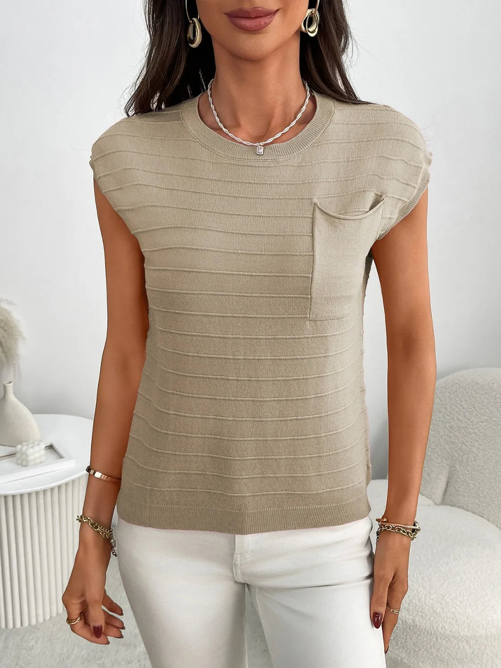 Round Neck Cap Sleeve Knit Top