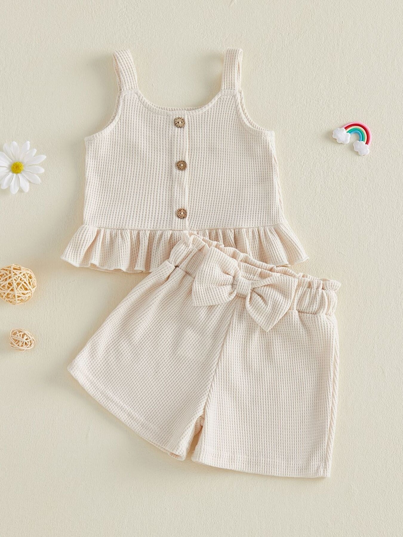 Children's Waffle Knit Tank Top and Bow Shorts Set