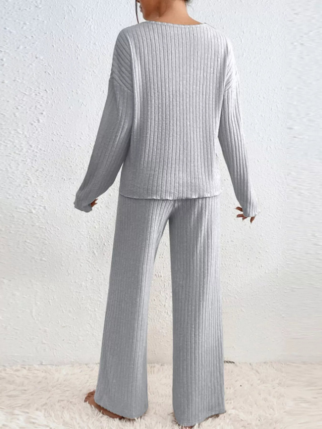 Ribbed Knit V-Neck Top and Pants Set