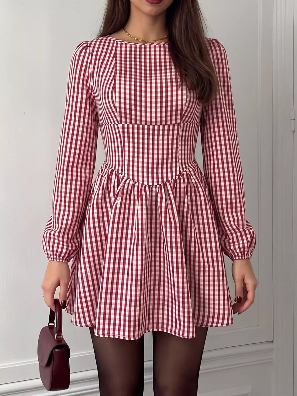 Backless Plaid Long Sleeve Dress