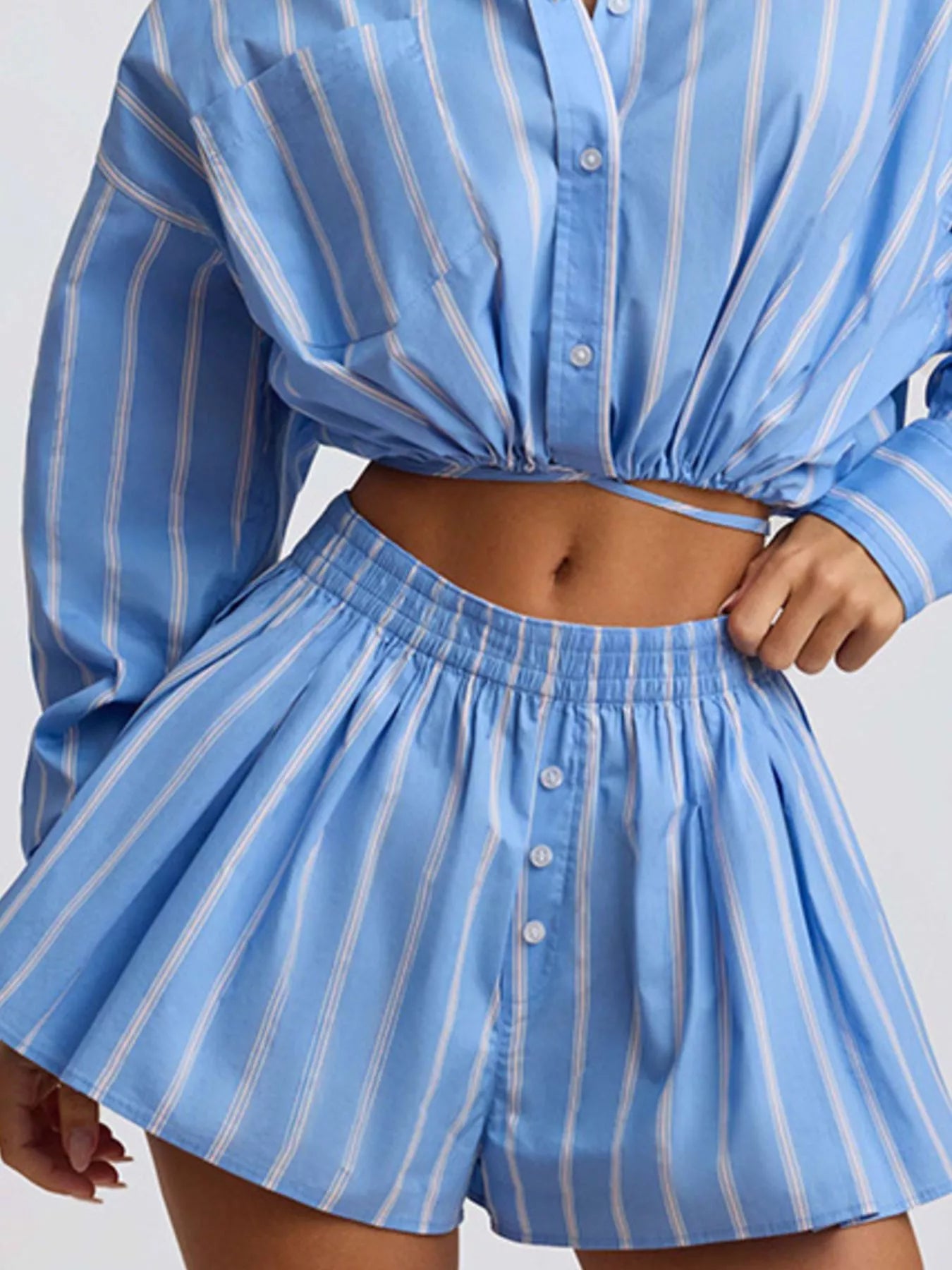 Striped Button Up Shirt and Shorts Set