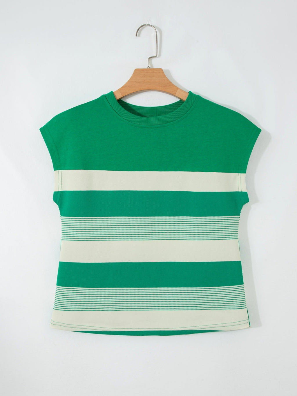 Stripe Mixed Print Crew Neck Cap Sleeve T Shirt