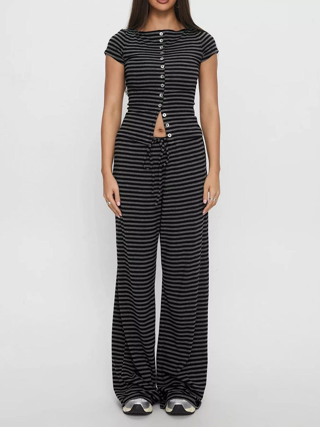 Striped Button-Down Top and Wide-Leg Pants Set