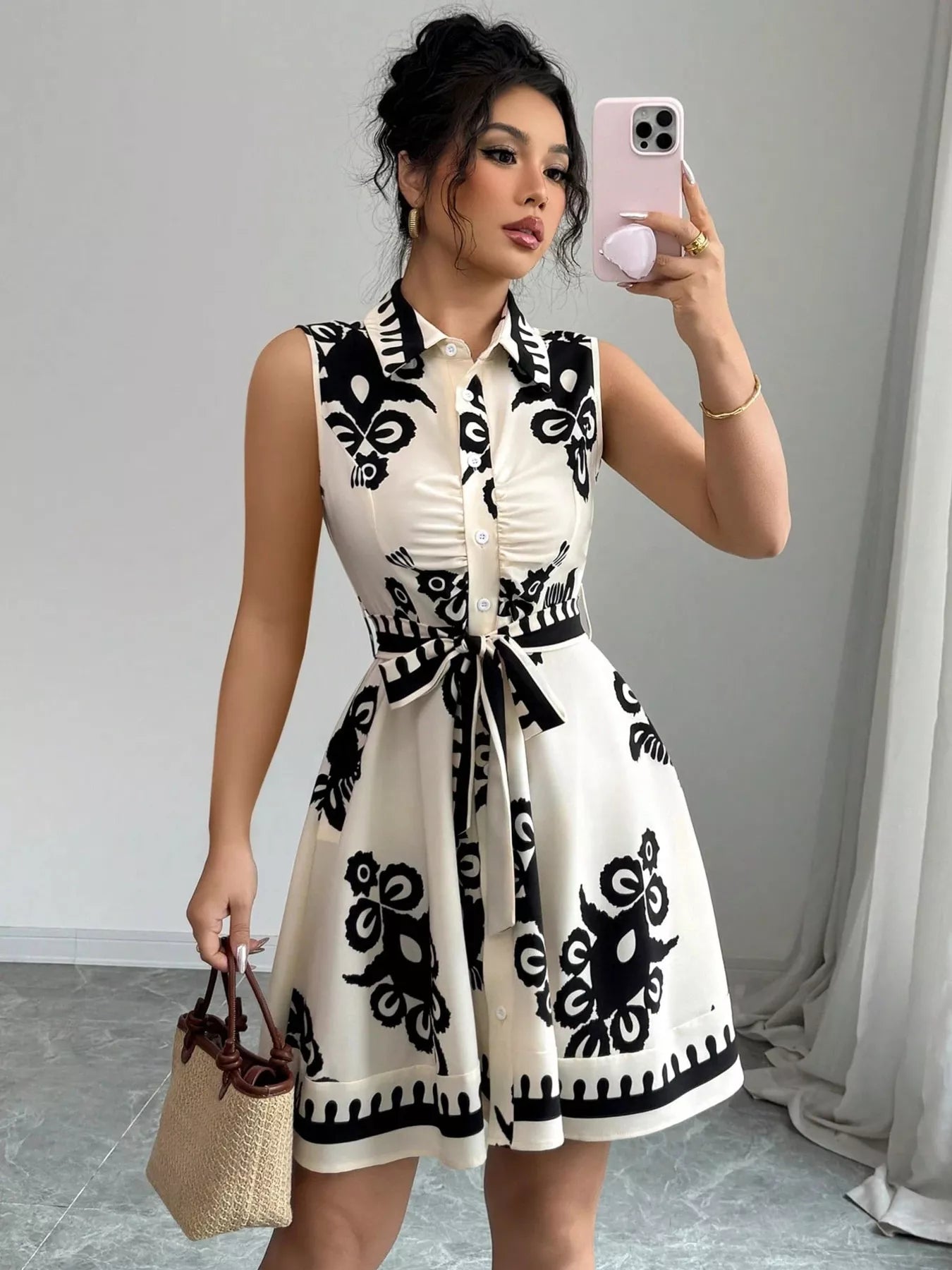 Sleeveless Ruched Printed Tie Waist Dress