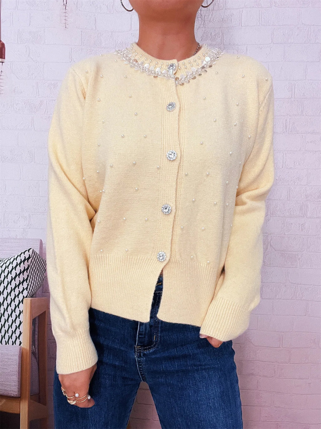 Pearl Detail Button-Front Cardigan