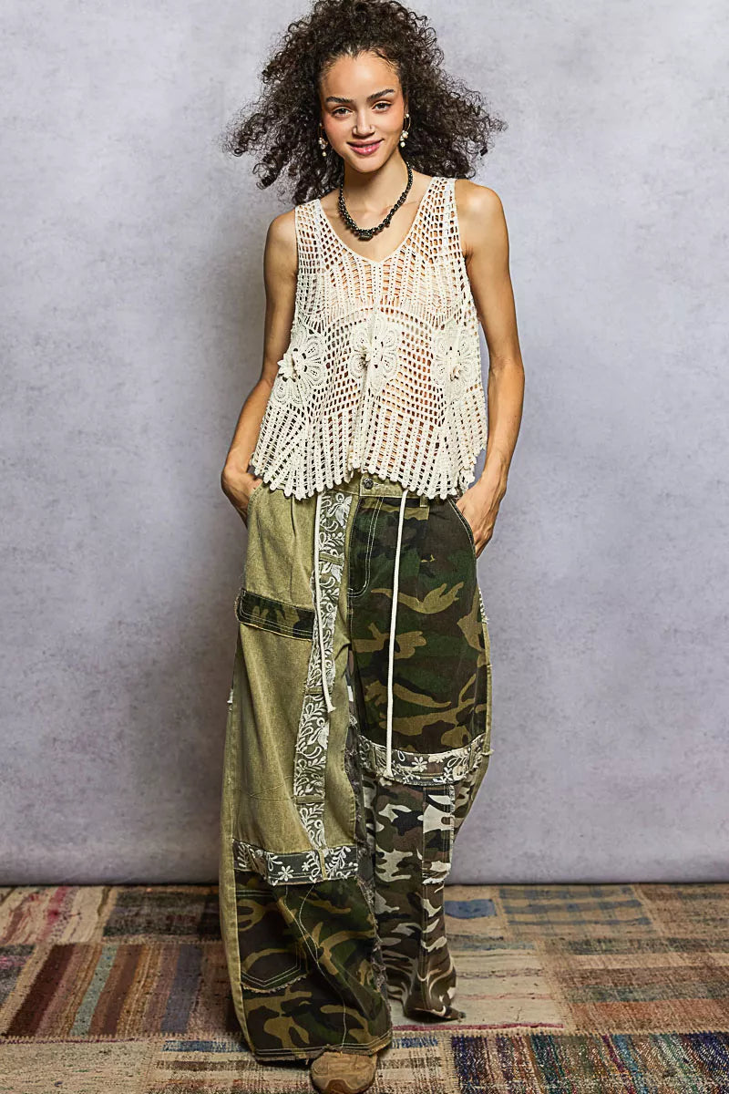 POL Openwork V-Neck Crochet Tank