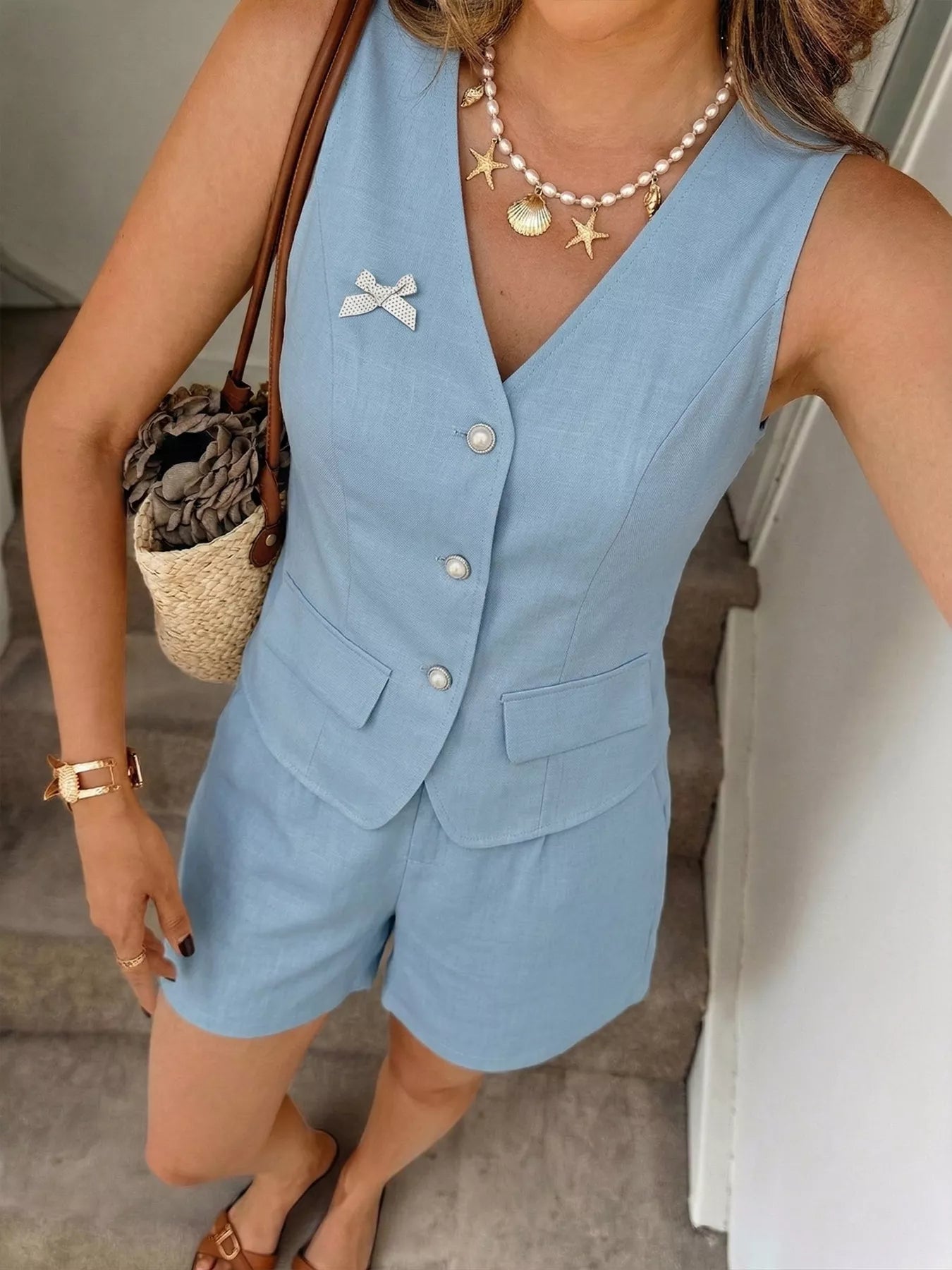 Button Up Vest & Shorts Two-Piece Set
