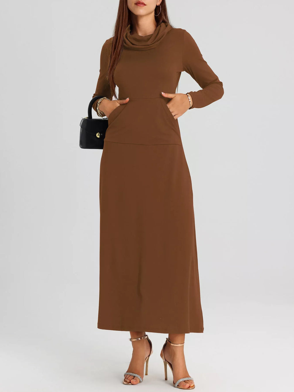 Cowl Neck Long Sleeve Midi Dress