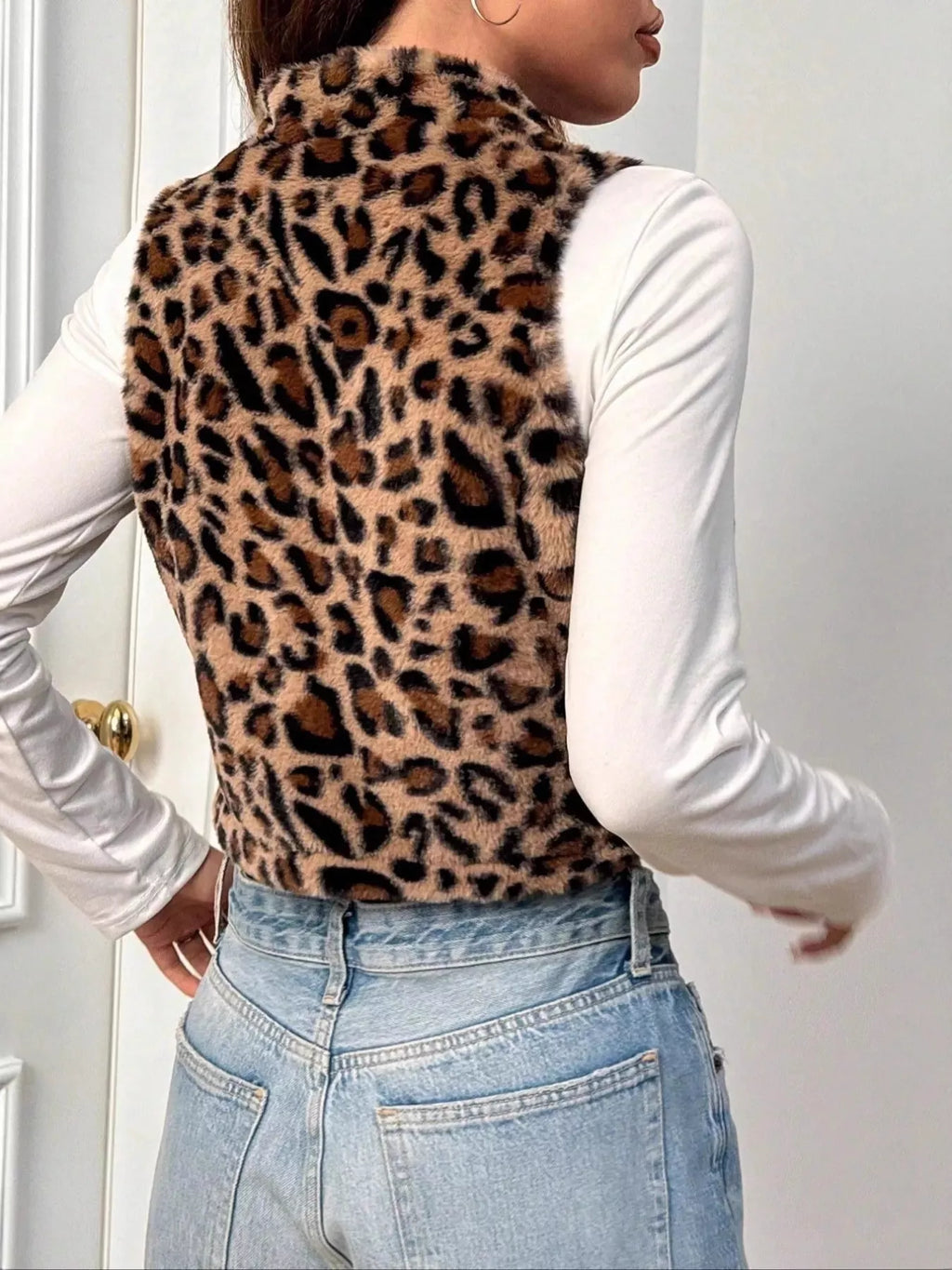 Leopard Zip Up Faux Fur Cropped Vest Coat