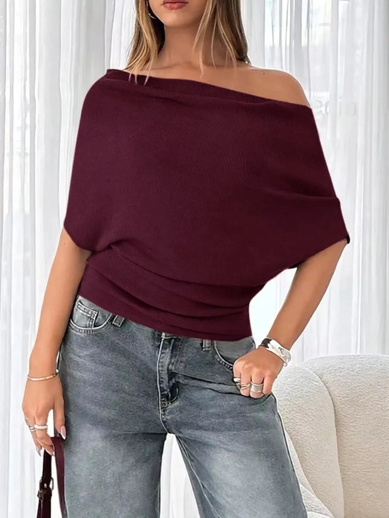 Off-Shoulder Ruched Knit T-Shirt
