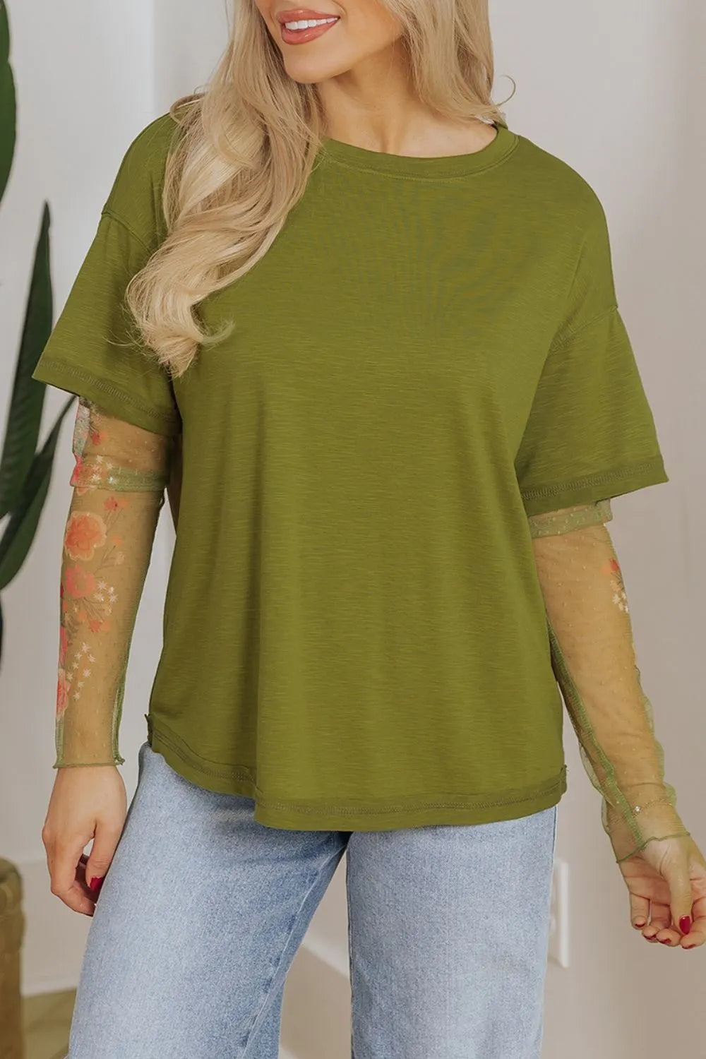 Round Neck Mesh Long Sleeve T-Shirt