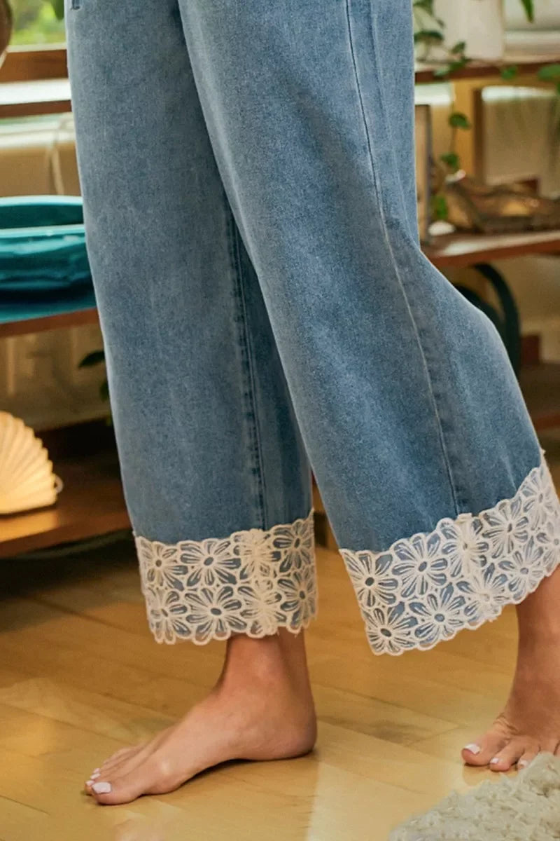 BiBi Washed Denim Waist Flower Lace Trim Pants