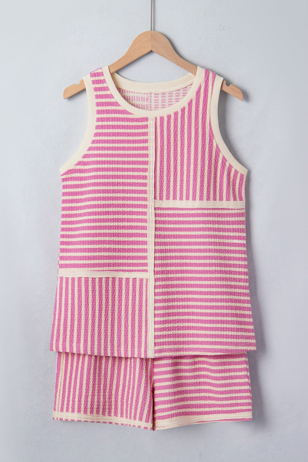 Stripe Textured Contrast Trim Casual Tank and Shorts Set