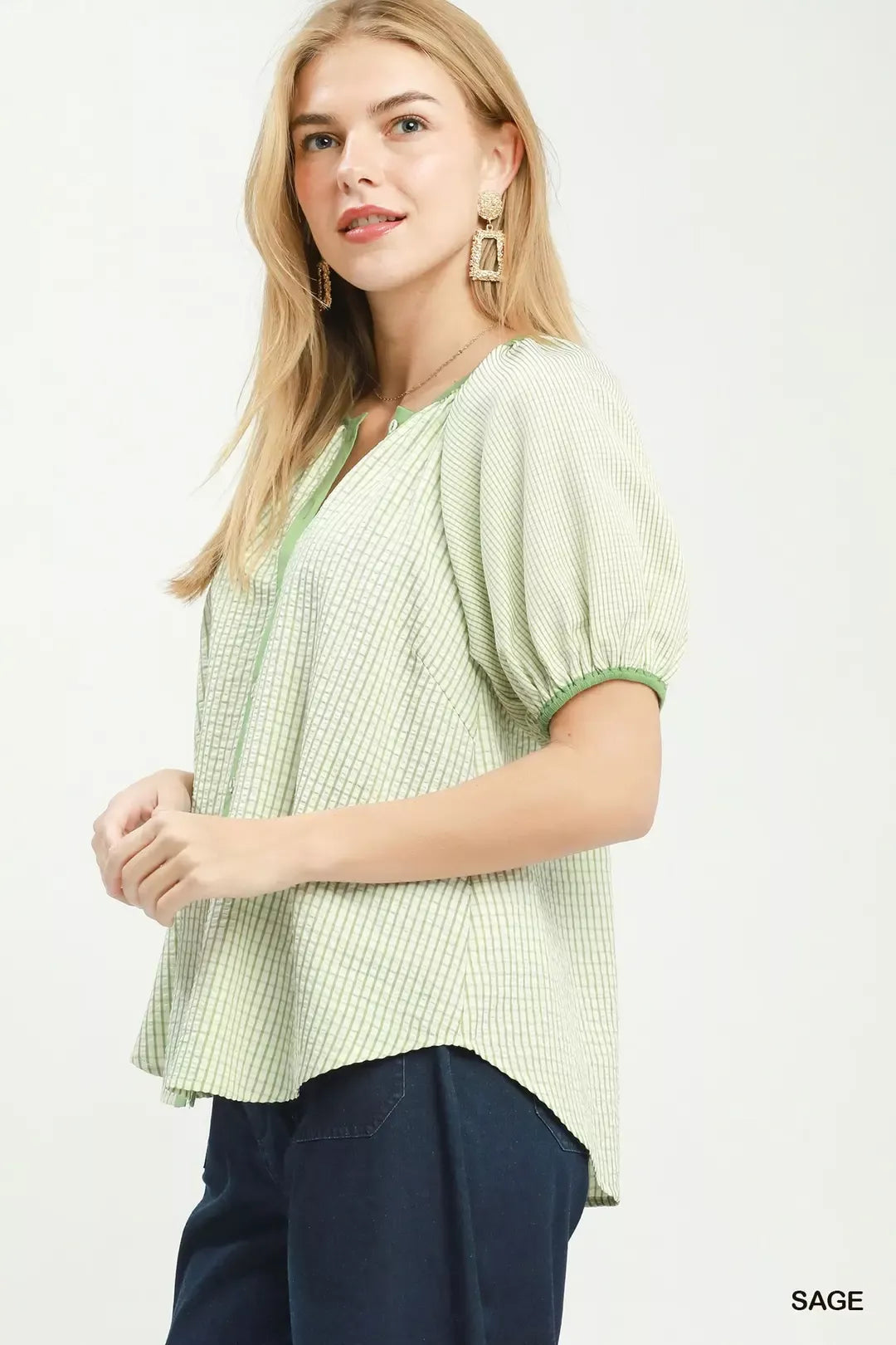Umgee Checker Puff Sleeve Button Front Blouse