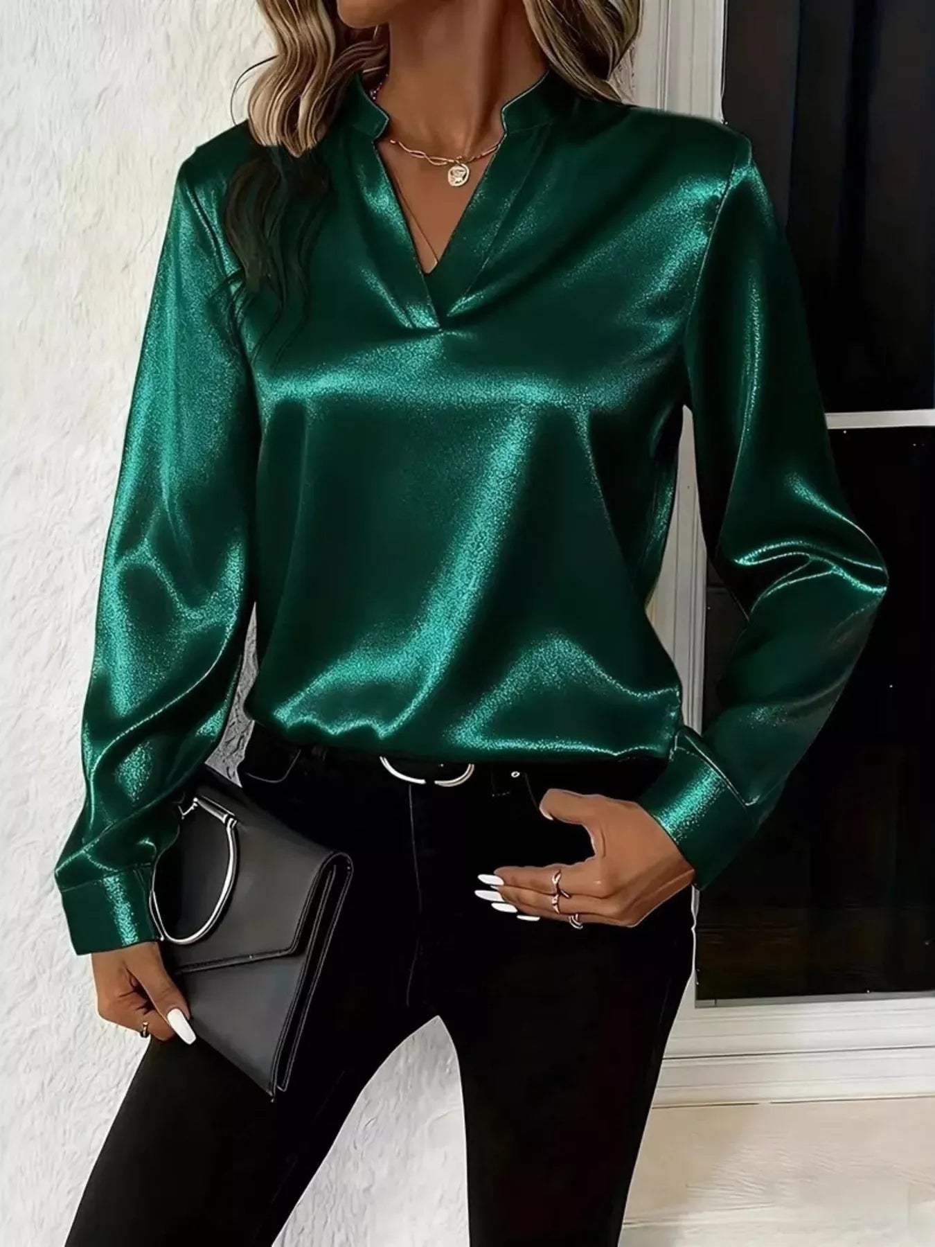 Notched Long Sleeve Blouse