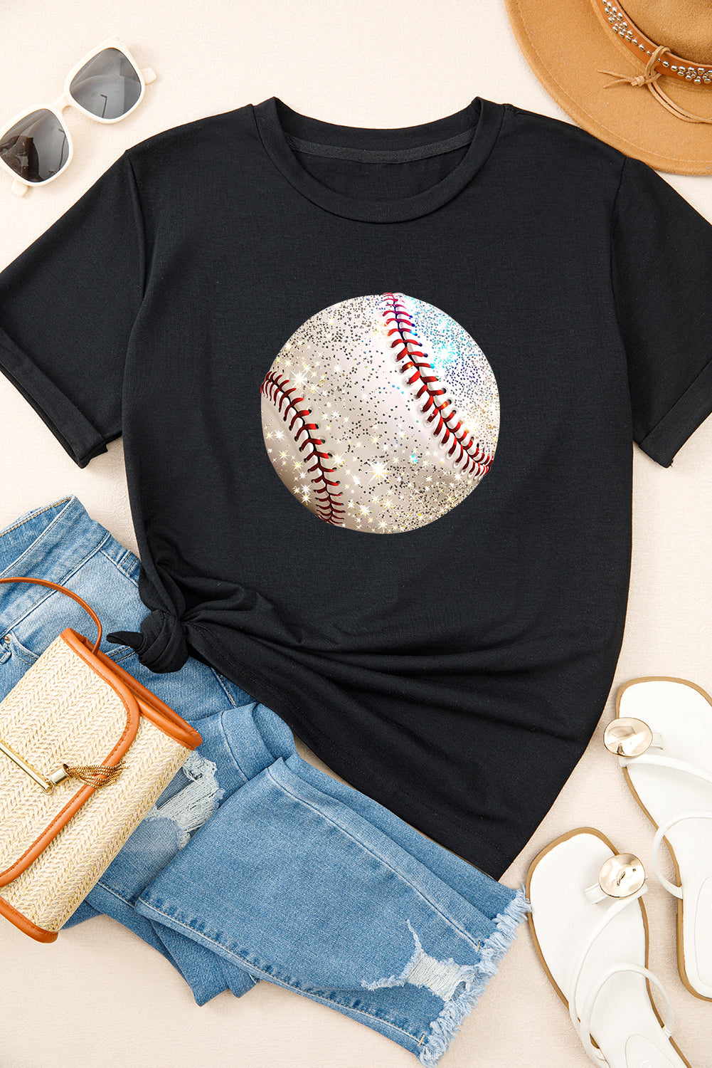 Black Heat Transfer Baseball Print Cotton Blend T Shirt