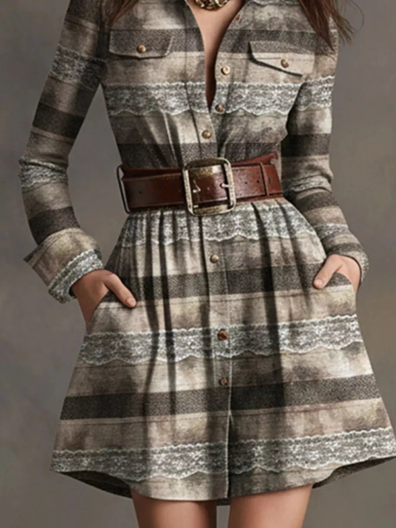 Button Front Long Sleeve Shirt Dress