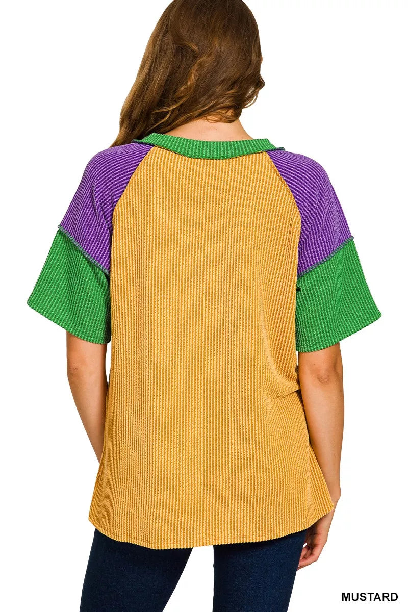 Zenana Mardi Gras Raised Rib Color Block Top