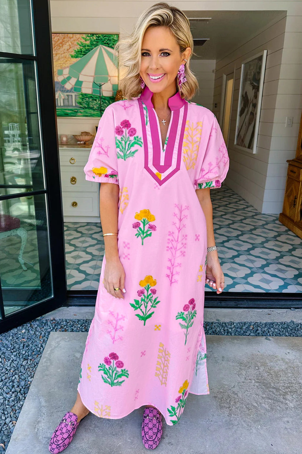 Floral Colorblock Trim V-Neck Midi Dress