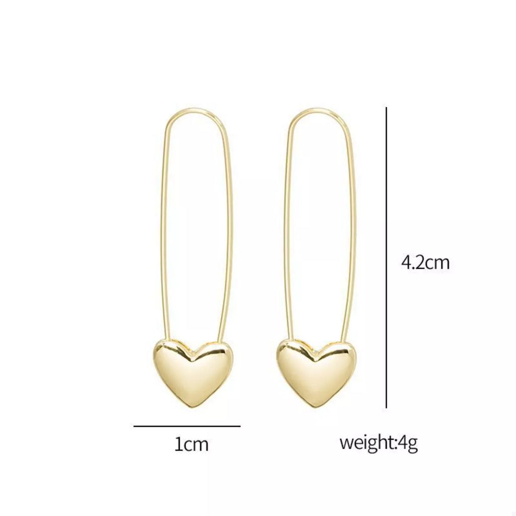 18K Gold-Plated Heart Charm Safety Pin Earrings