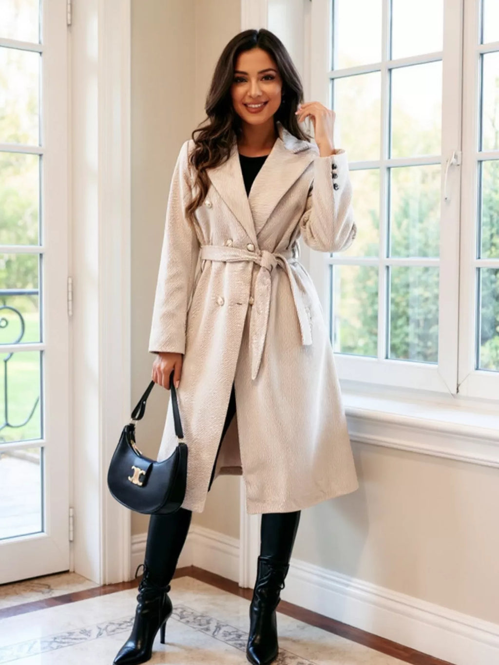Double-Breasted Tie Waist Overcoat