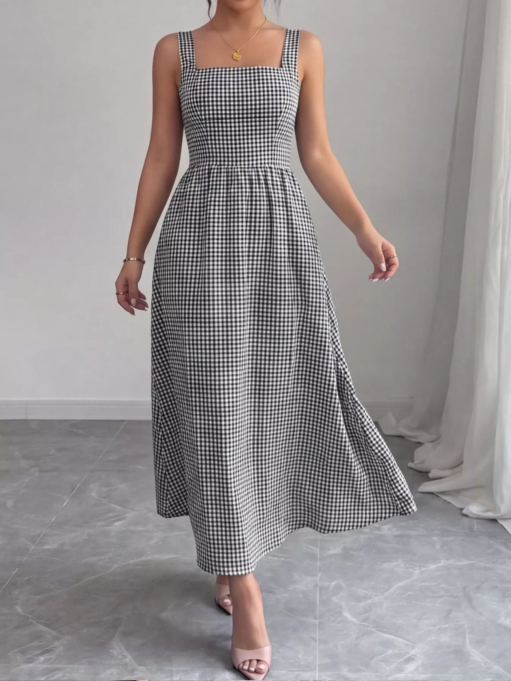 Square Neck Gingham Midi Dress