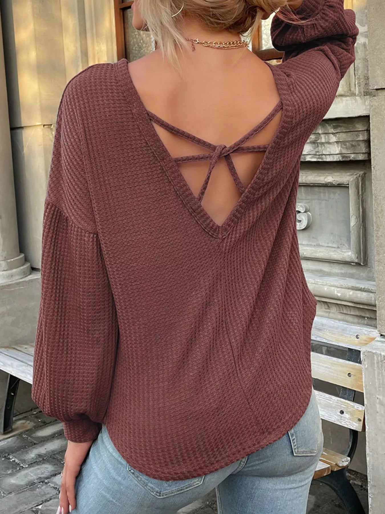 Waffle Knit Round Neck Top