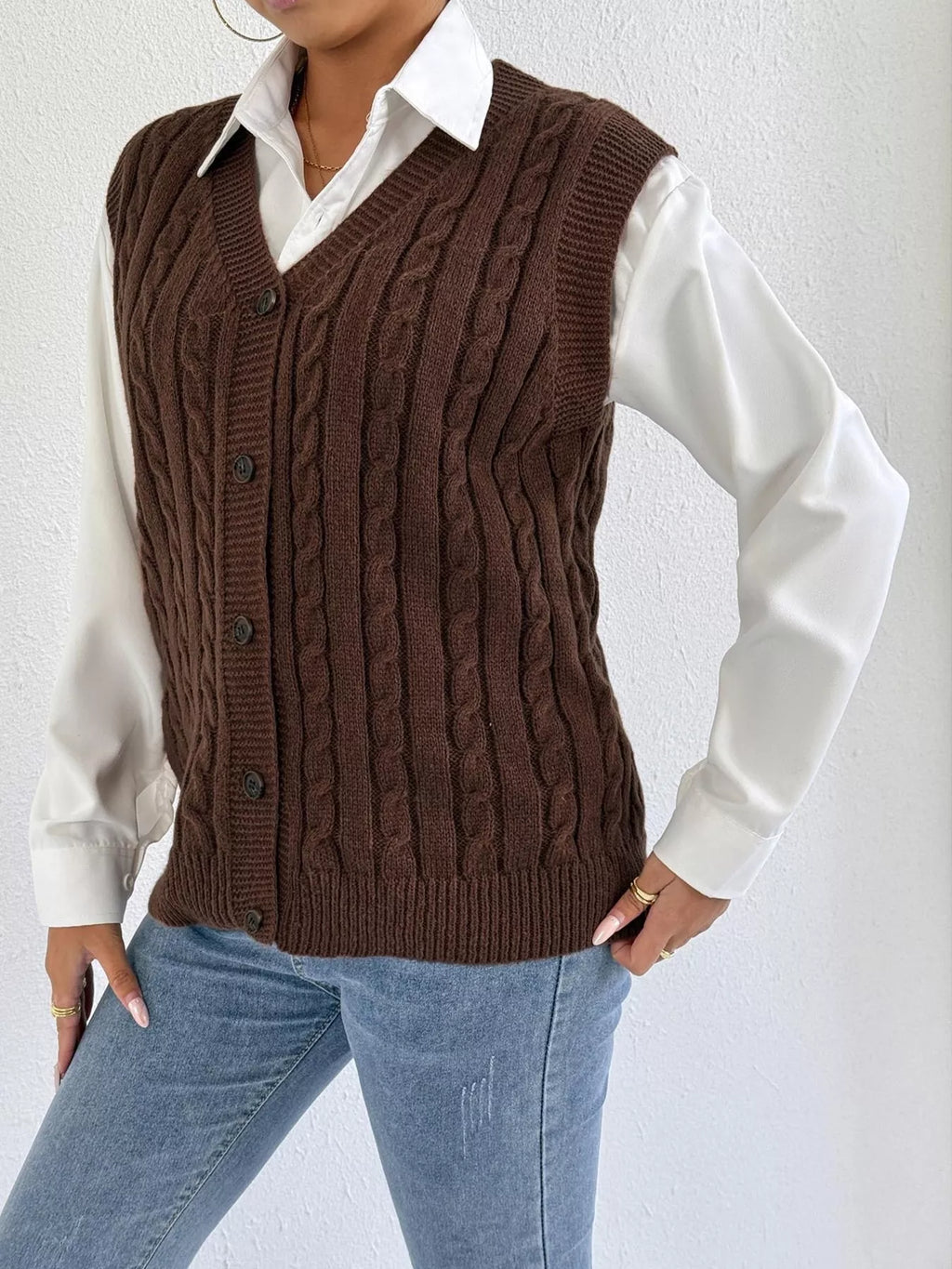 Cable-Knit Button-Up Sweater Vest