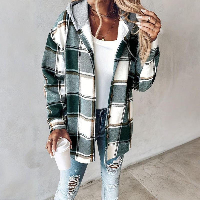 Women's Plaid Hoodie Long Sleeve Jacket With Pocket