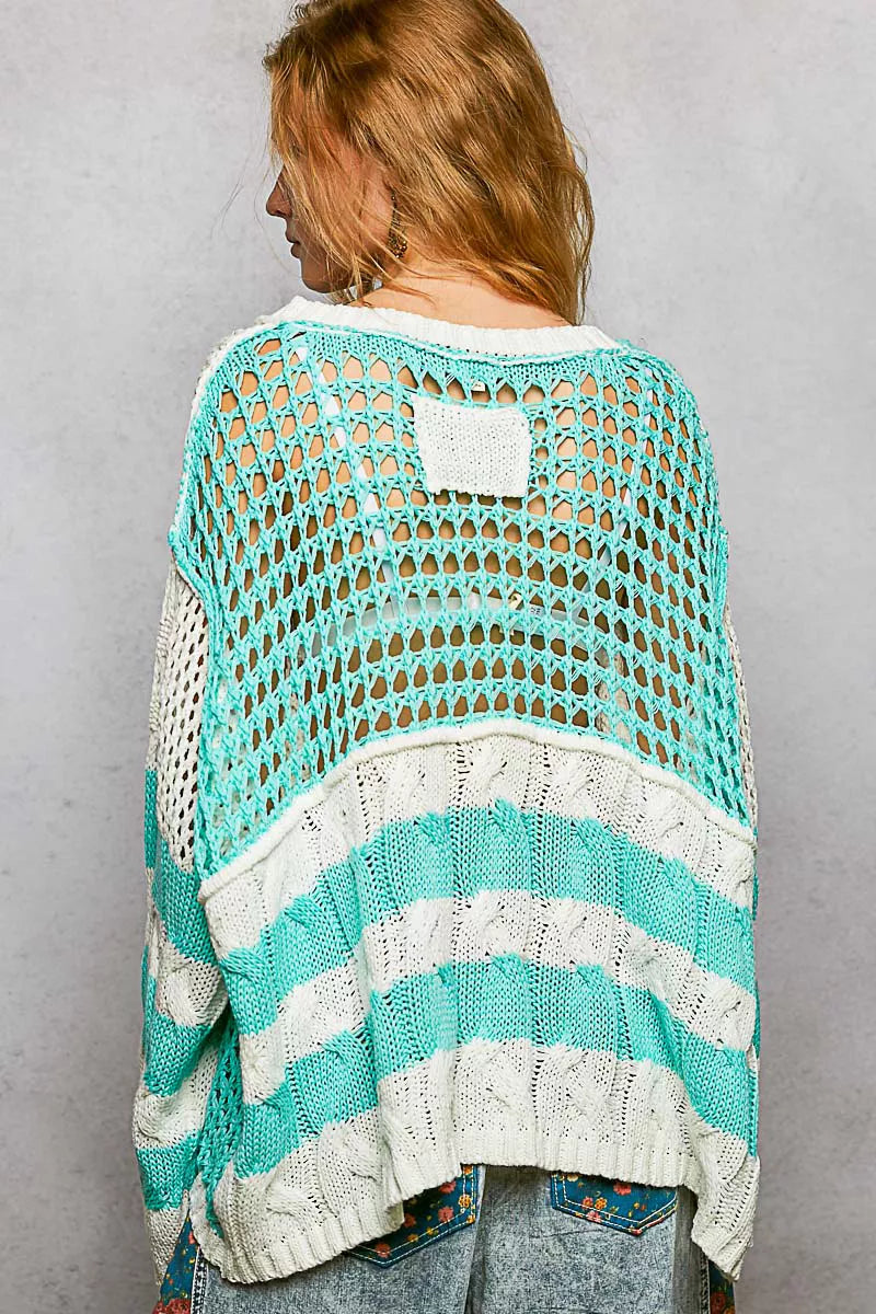 POL Color-Blocked Stripe Pattern Knit Top with Twisted Weave