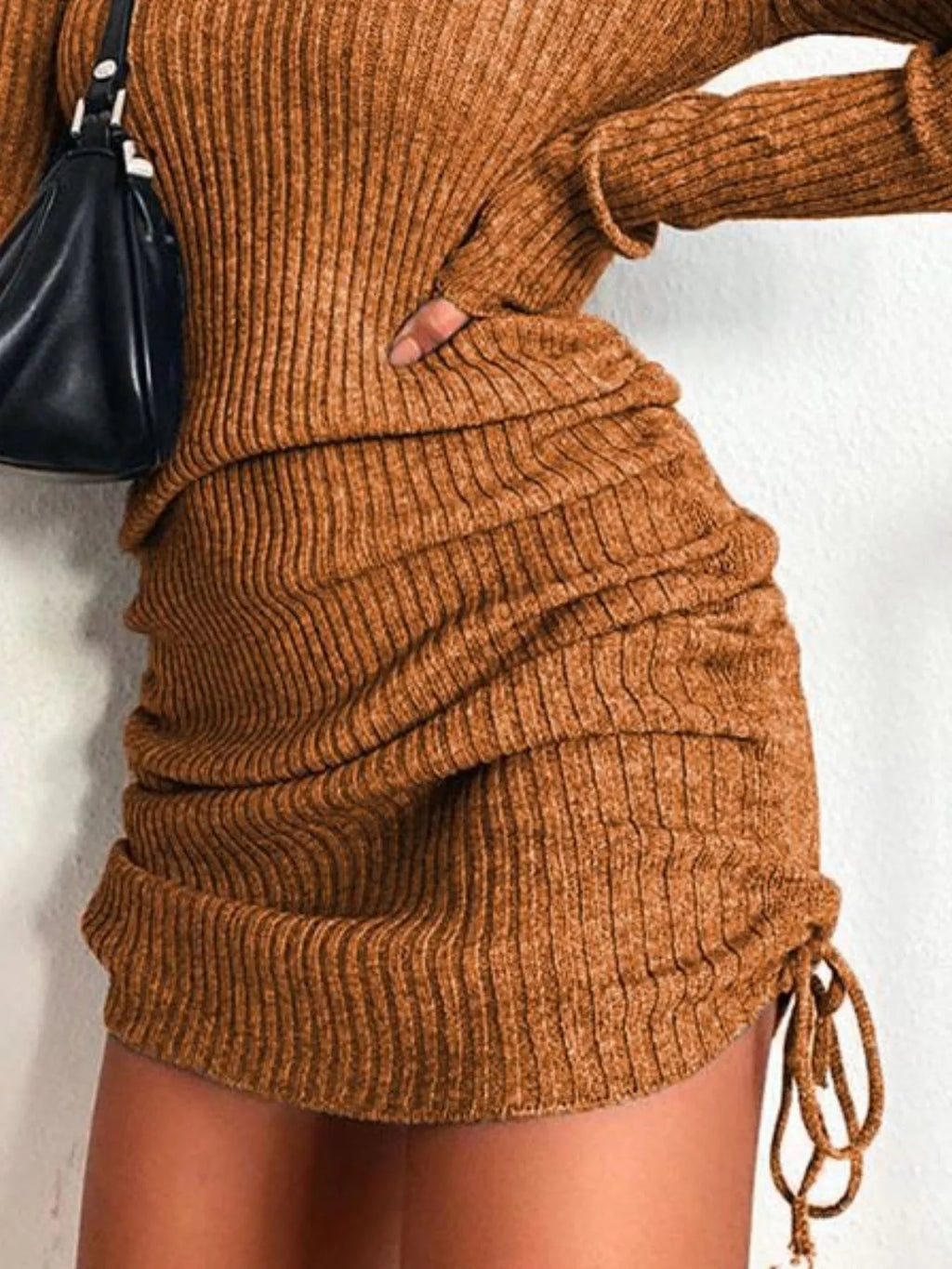Full Size Ribbed Knit Drawstring Bodycon Sweater Dress Plus Size
