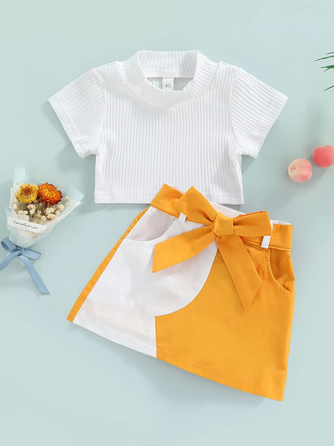 Children's Ribbed Knit Top & Bow Decor Skirt Set
