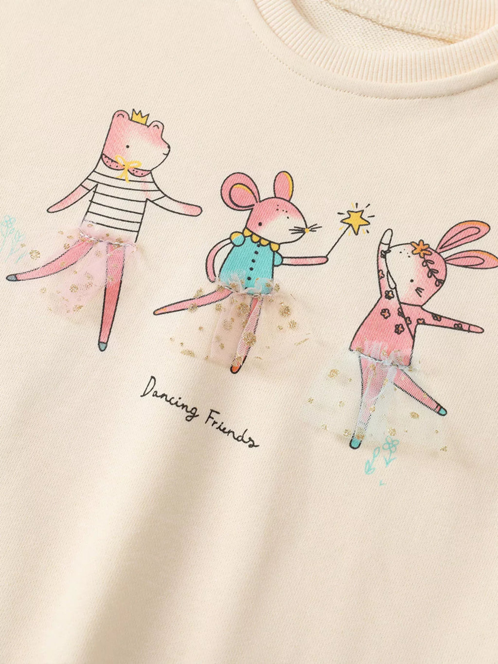 Children's Cartoon Animal Mesh Trim Sweatshirt