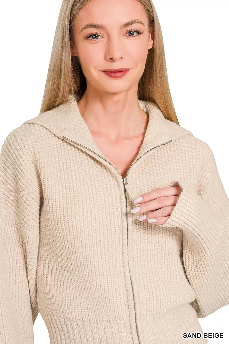 Zenana Ribbed Collared Zip Up Sweater Cardigan