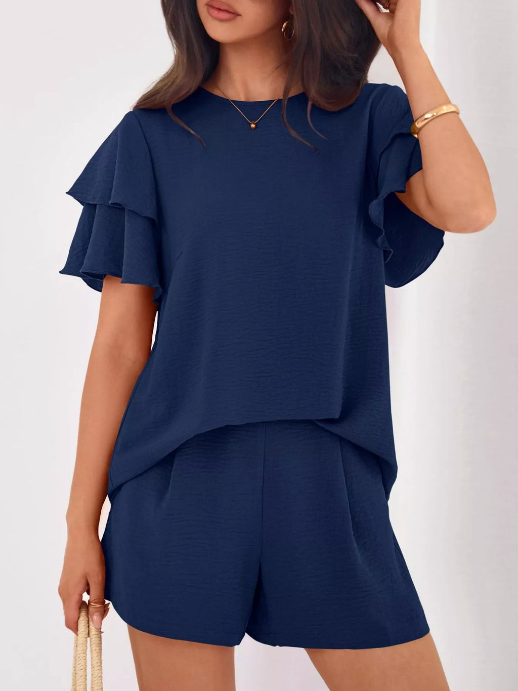Ruffle Sleeve Top and Shorts Two-Piece Set