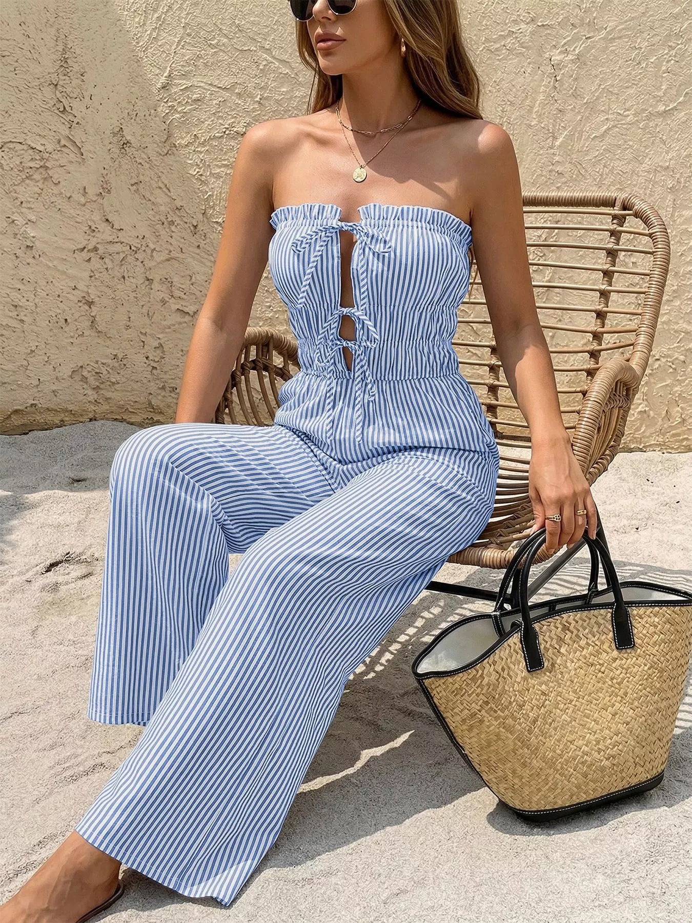 Striped Strapless Tie Front Wide Leg Jumpsuit