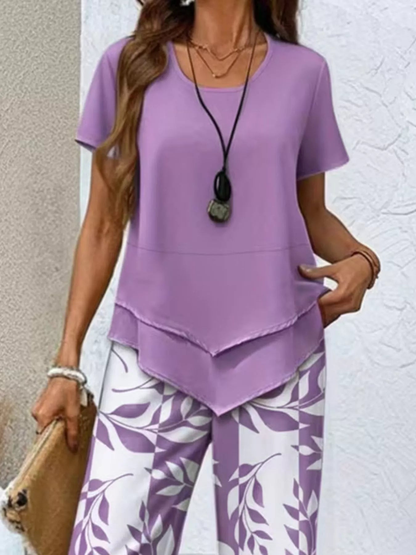 Layered Top and Leaf Print Cropped Pants Set
