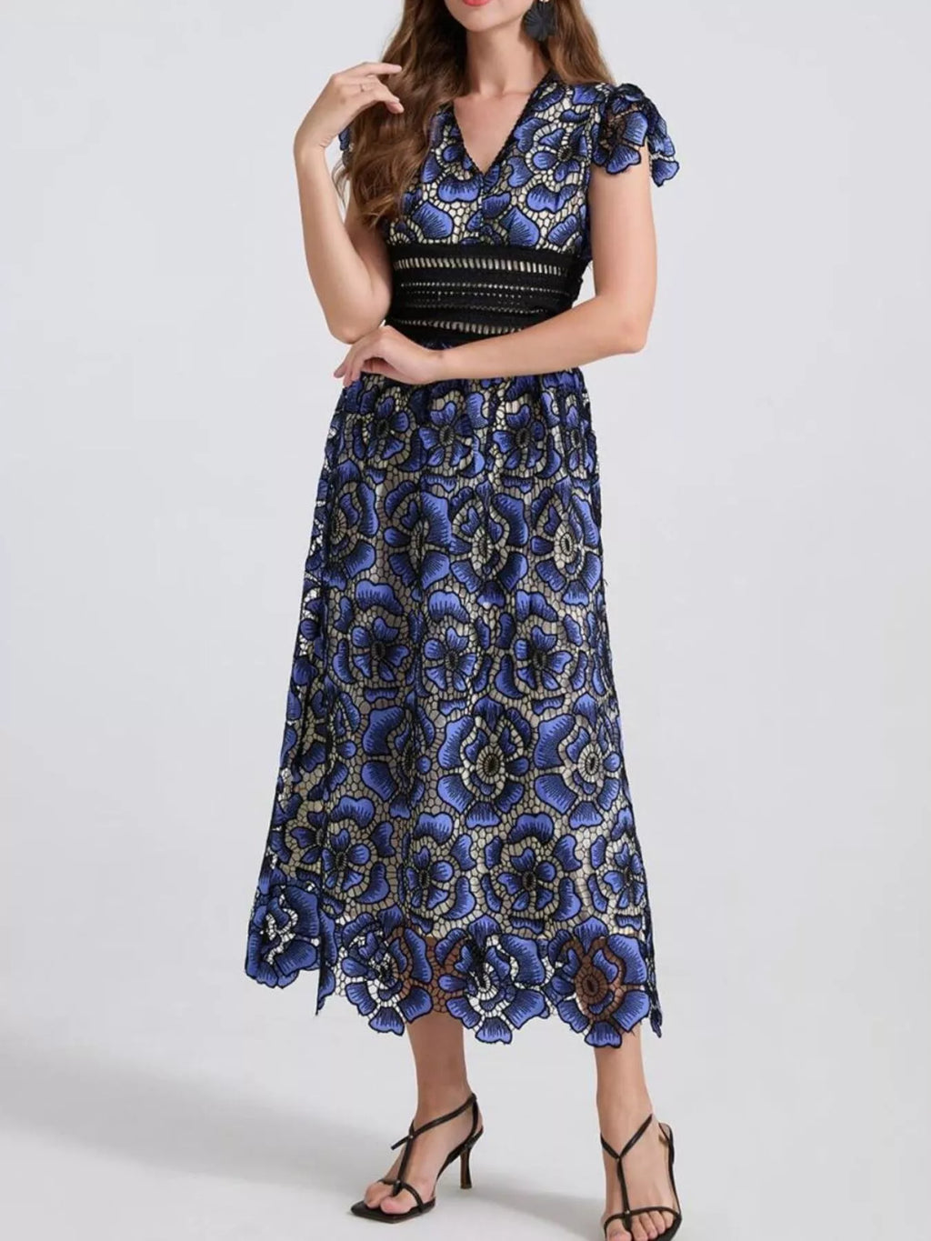 Printed V-Neck Ruffle Sleeve Midi Dress