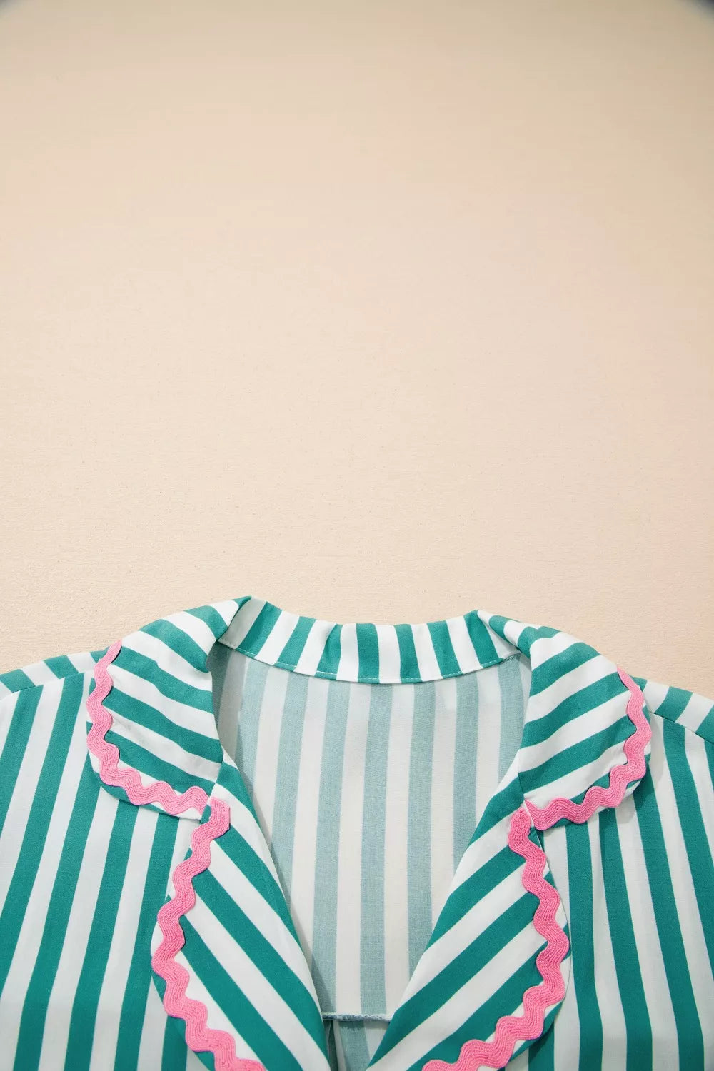 Stripe Contrast Ricrac Trim Long Sleeve Shirt Drawstring Ruffled Pajama Short Set