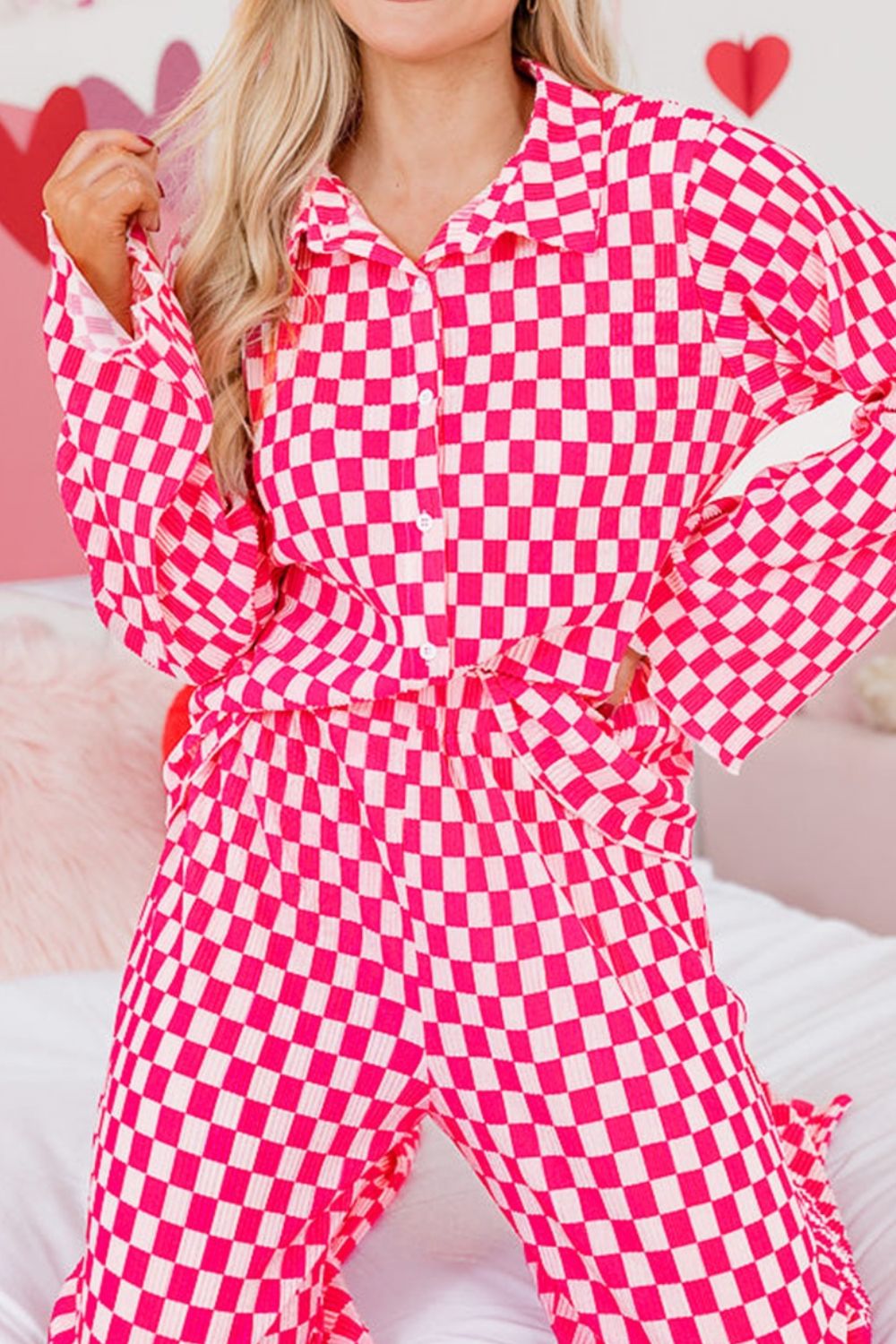 Checkerboard Print Long Sleeve Top and Pants Set