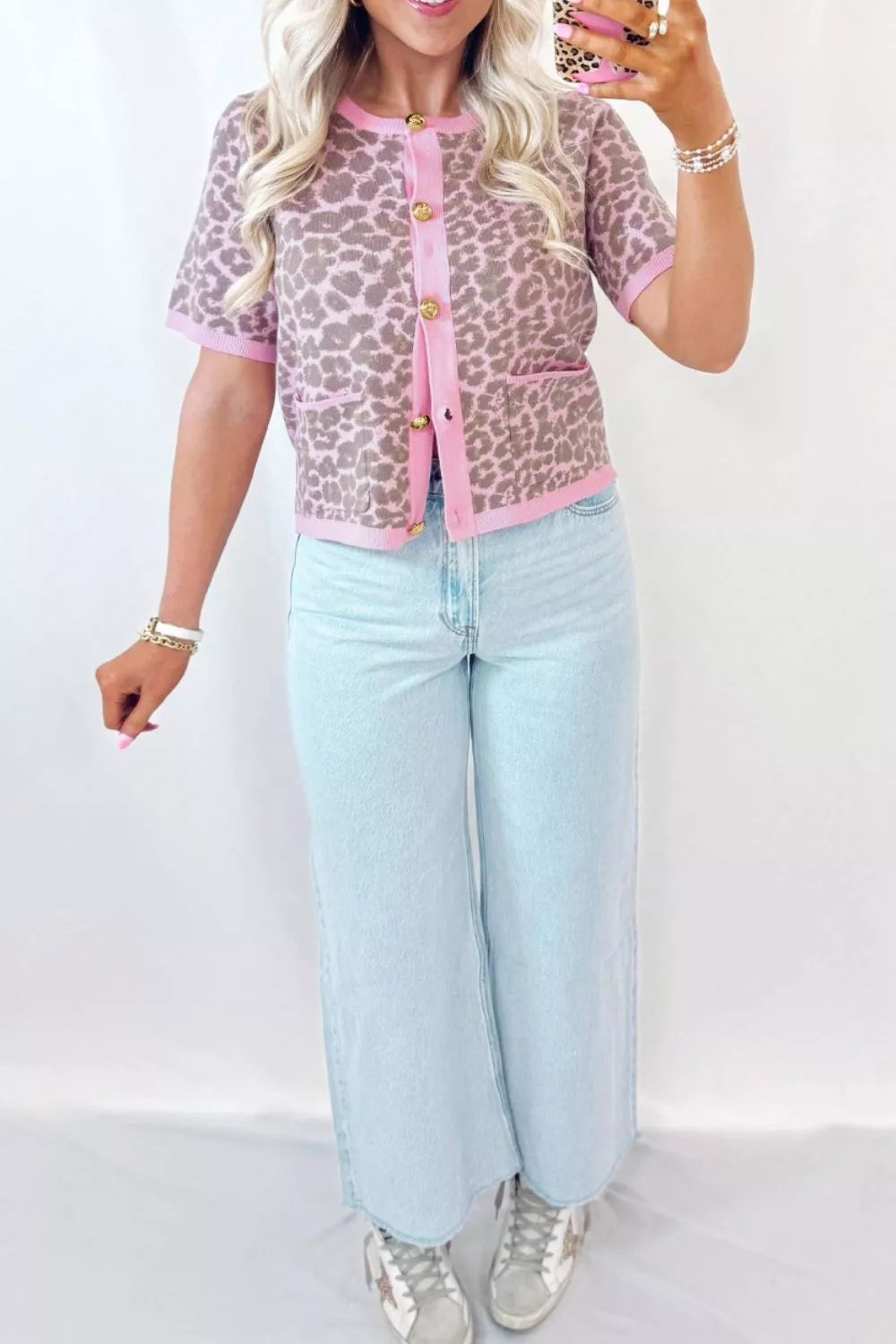 Leopard Button Down Short Sleeve Sweater Cardigan