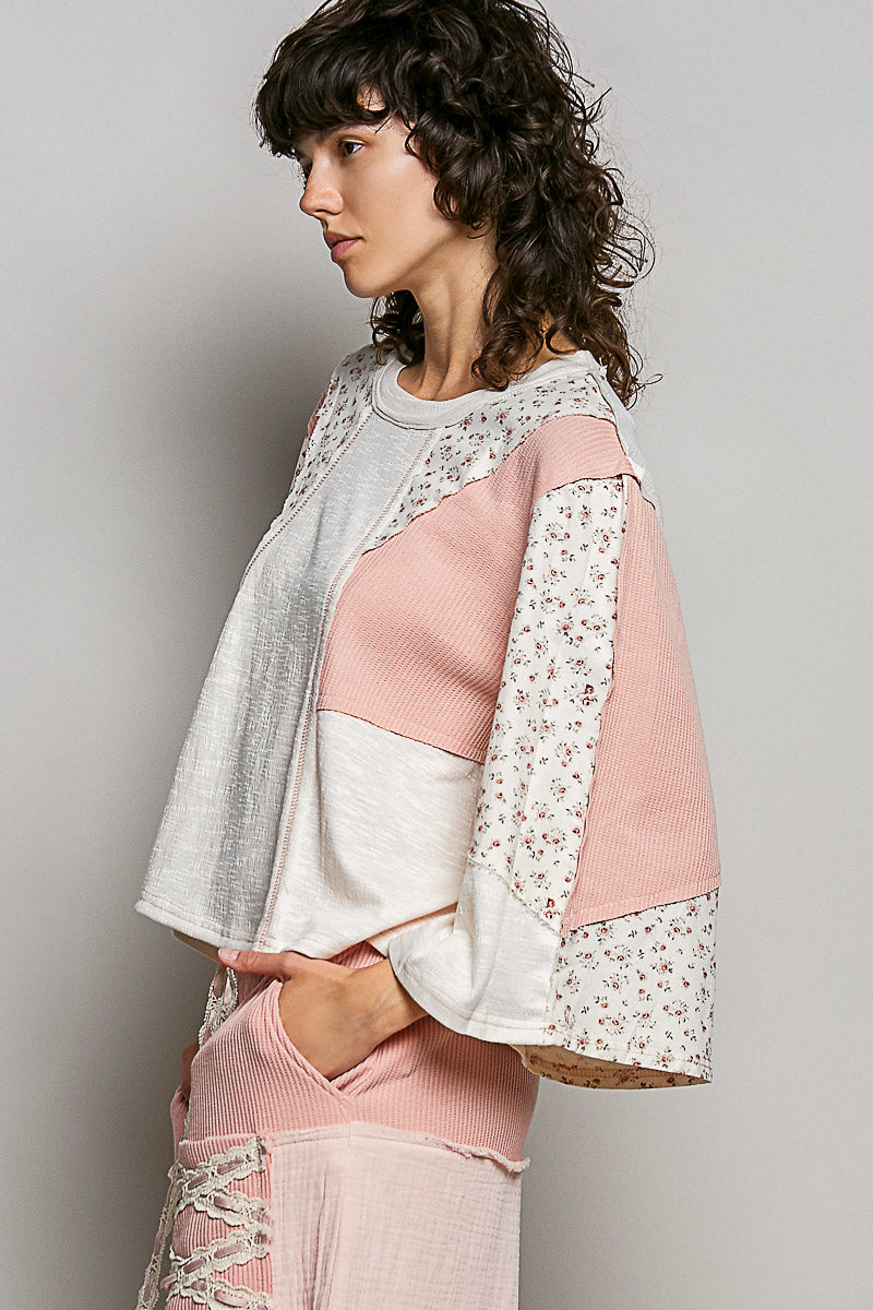 POL Exposed Seam Floral Patchwork Round Neck Textured Slub Knit Top