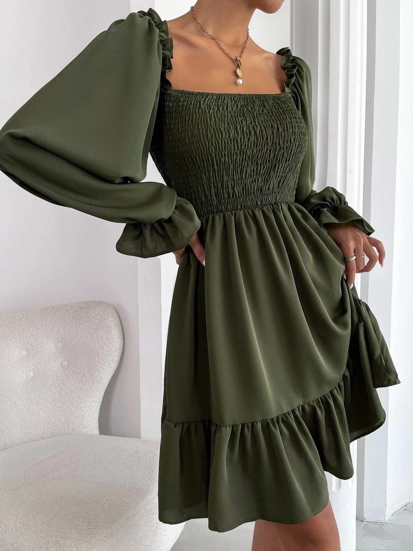 Smocked Flounce Sleeve Mini Dress