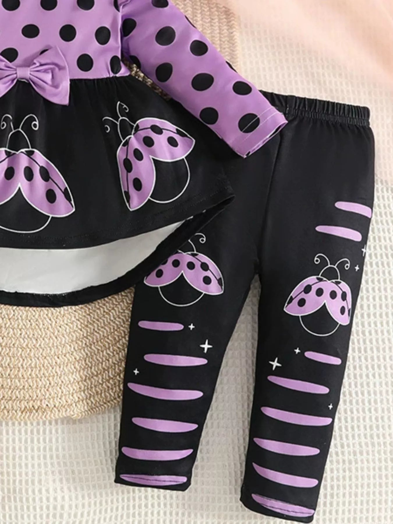 Children's Ladybug Polka Dot Ruffle Trim Top and Pants Set with Headband