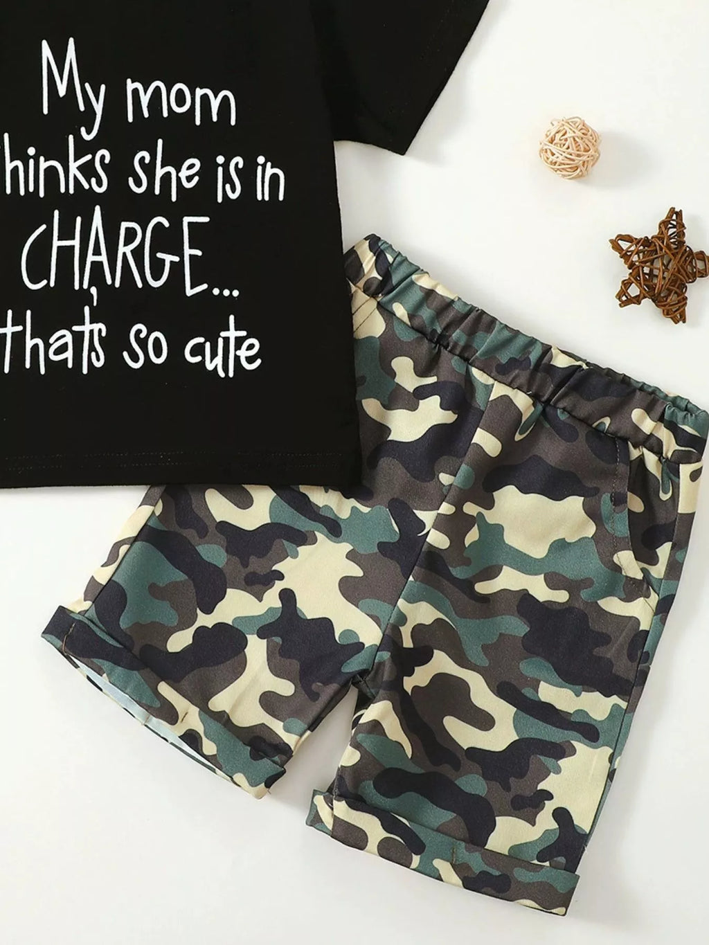 Children's Letter Graphic Tee and Camouflage Shorts Set