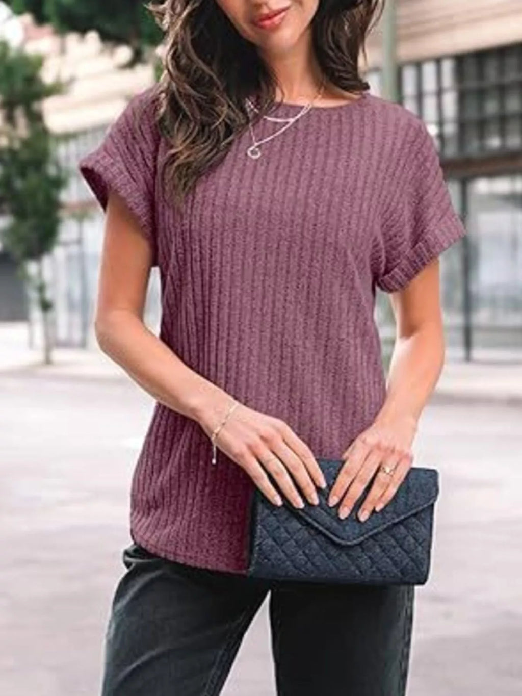 Casual Ribbed Knit Short Sleeve T-Shirt