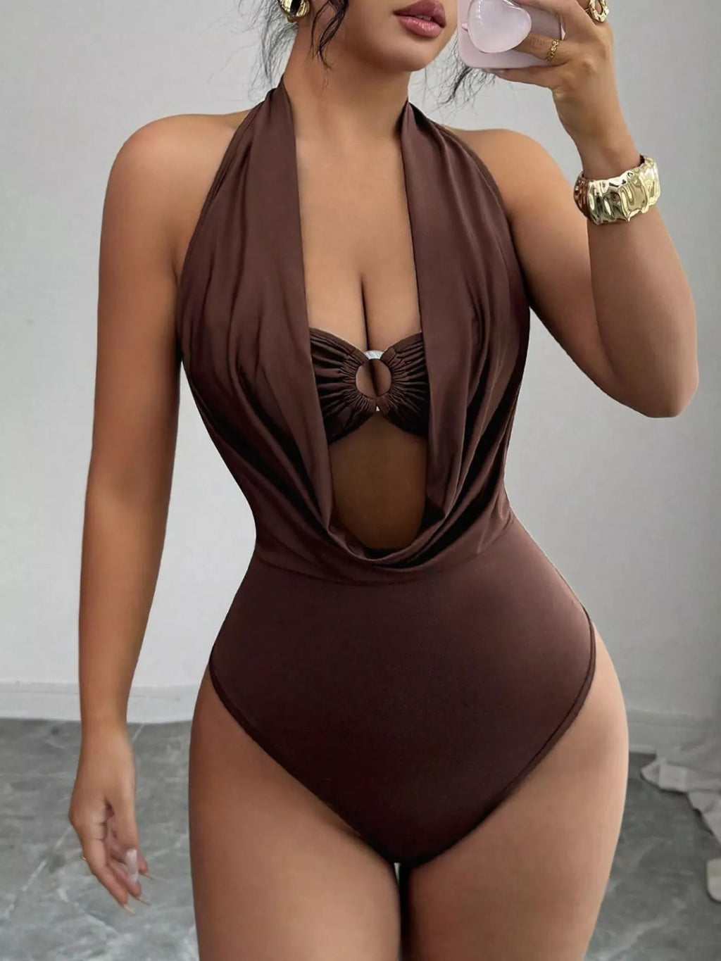 Halter Neck Ruched Ring Detail Bodysuit