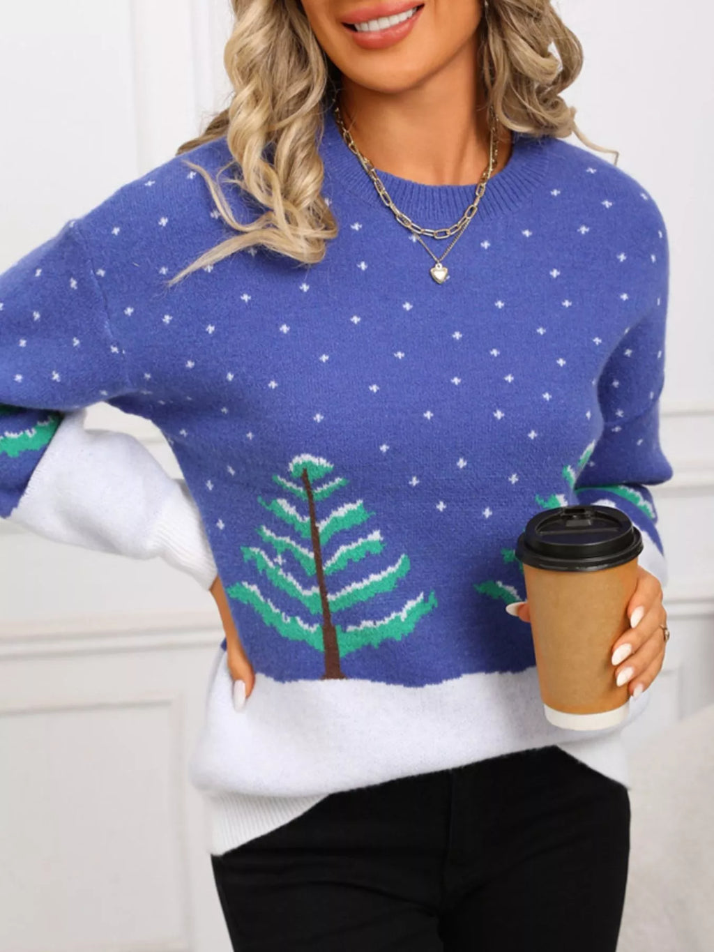 Tree Pattern Round Neck Sweater