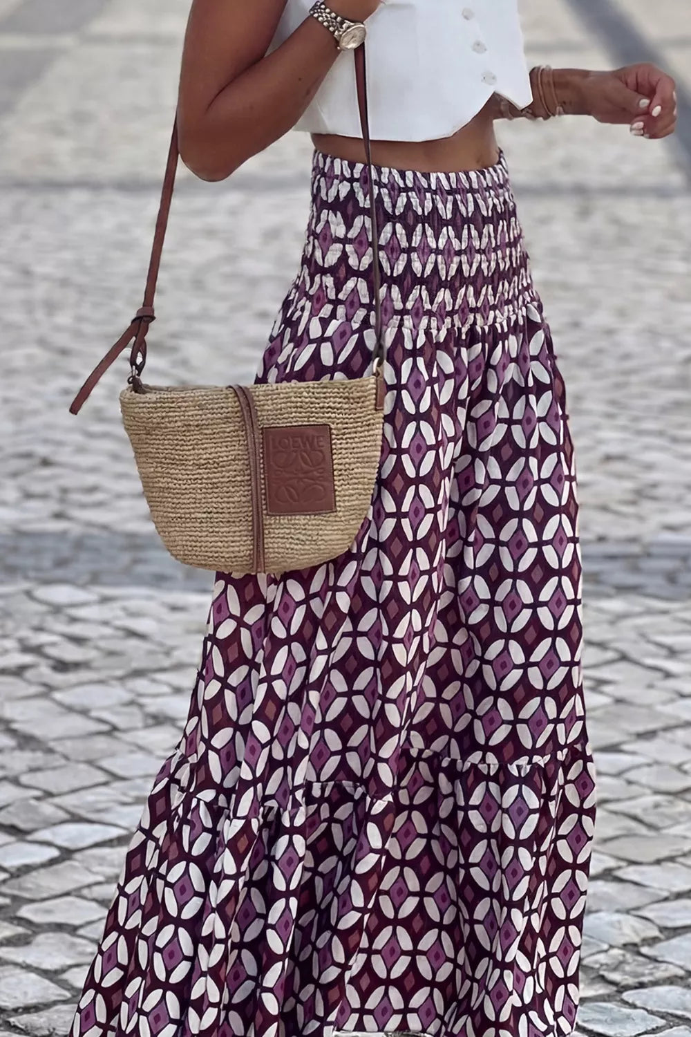 Geometric Print Smocked Waist Maxi Skirt
