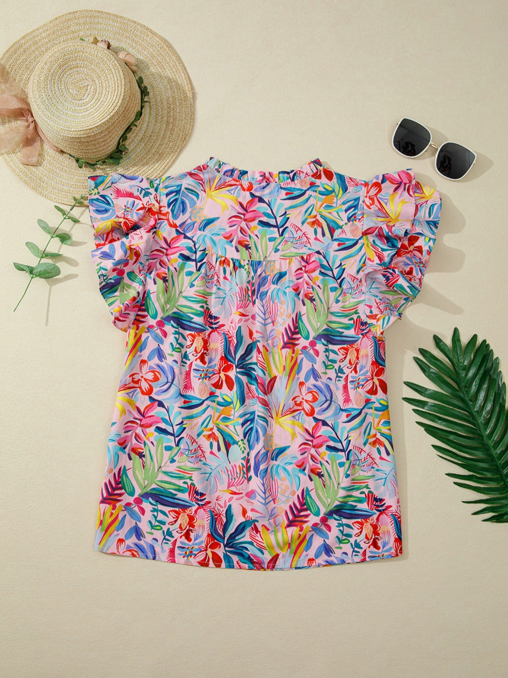 Tropical Floral Print Frilly Notched Neck Ruffled Short Sleeve Blouse